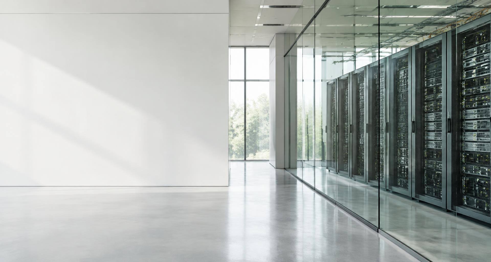 Modern data center infrastructure behind glass